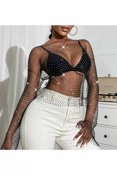 Blusa Crop in Rete con Cristalli