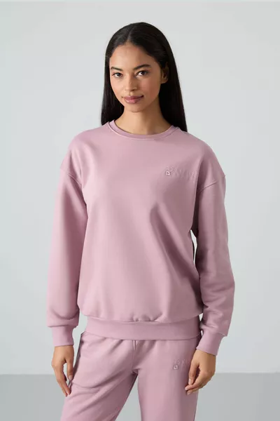 بدلة رياضية نسائية وردي غامق أساسية قطنية برقبة O واسعة مع أساور مطاطية - 