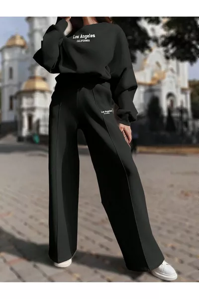 طقم رياضي نسائي أسود واسع الساقين من الأعلى والأسفل كبير الحجم