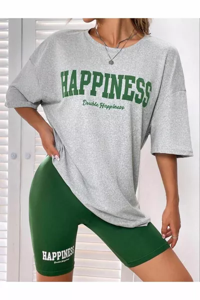 المرأة كبيرة الحجم Hapiness المطبوعة رمادي تي شيرت