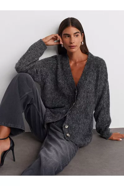  V-hals Geborstelde Gebreide Cardigan met Knopen - Antraciet