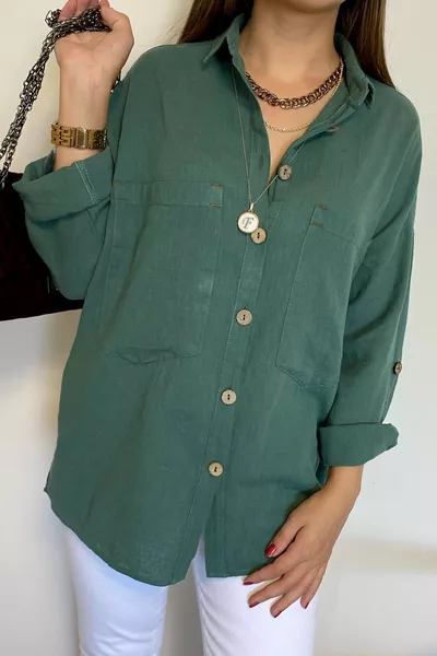 Women's Khaki Wooden Button Cotton Linen Shirt % Cotton % Linen