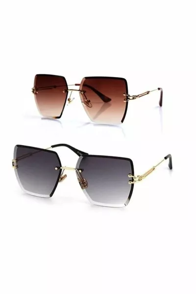 طقم ٢ قطعة أسود - نظارات شمسية بقصة مربعة - قص كريستالي - بدون إطار بالليزر