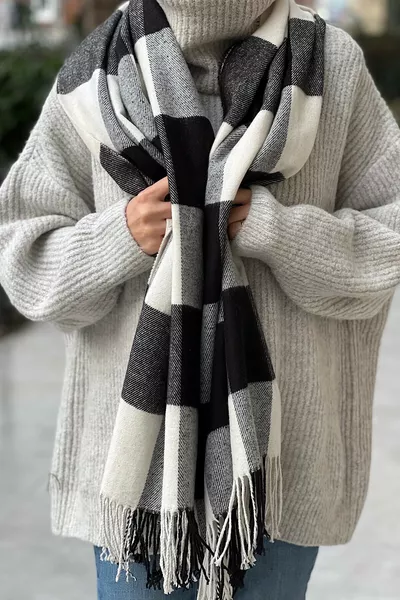 Unisex Schwarz Kariert Lange Schal mit Fransen aus Wollstoff