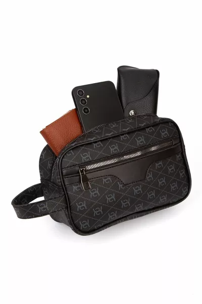 Men's Patterned Black Vegan Leather Portfolio-Clutch Shaving/Makeup and Handbag (DAILY, TRAVEL)