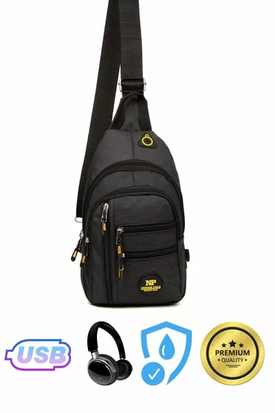 حقيبة كتف وعبر الصدر مقاومة للماء باللون الأسود للجنسين مع مخرج سماعة USB
