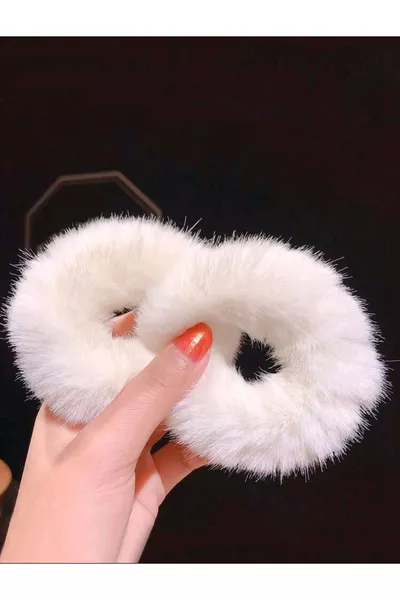 مجموعة مشابك شعر نسائية بيضاء من الفرو مطاطية ٢ قطع