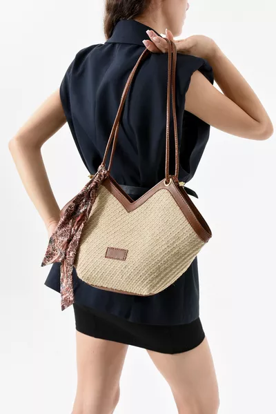 Stores Women's Tan Wicker Zipper Leopard Scarf Detail Shoulder Bag