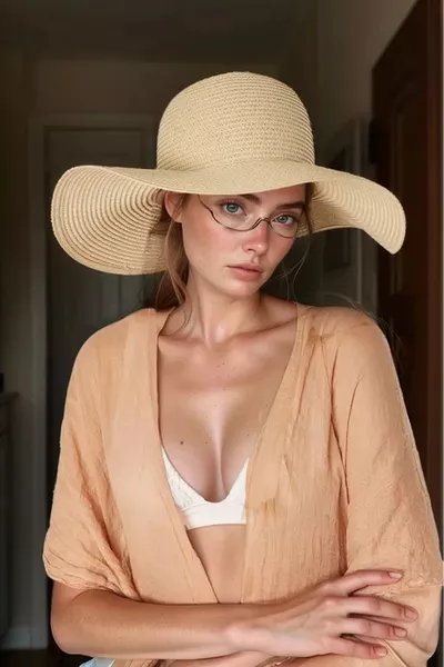 قبعة منسوجة واسعة باللون البيج 