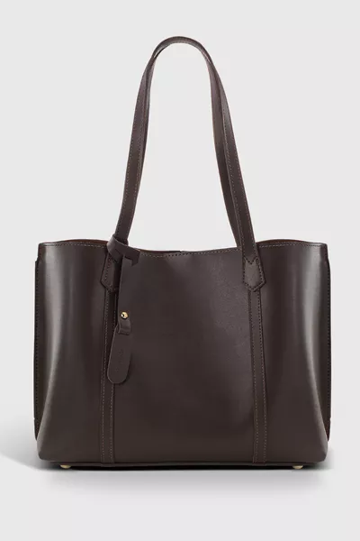 Women's Three-Compartment Brown Leather-Look Shopper Bag 
