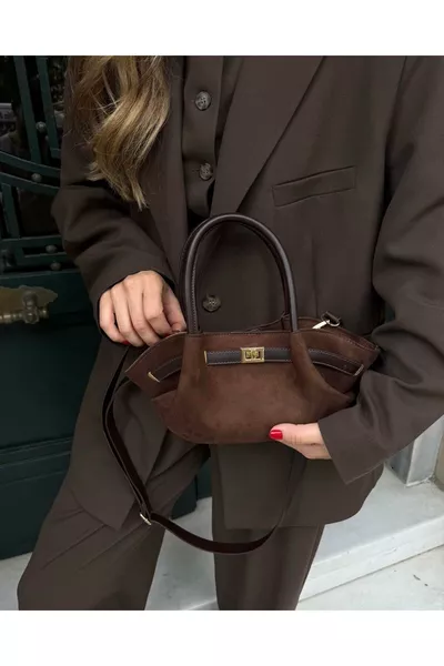 Sac Mini en Nubuck avec Détail Ceinture Marron Foncé