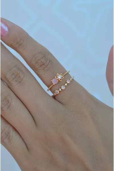 Two-Row Adjustable Pink Floral Ring Princess Ring