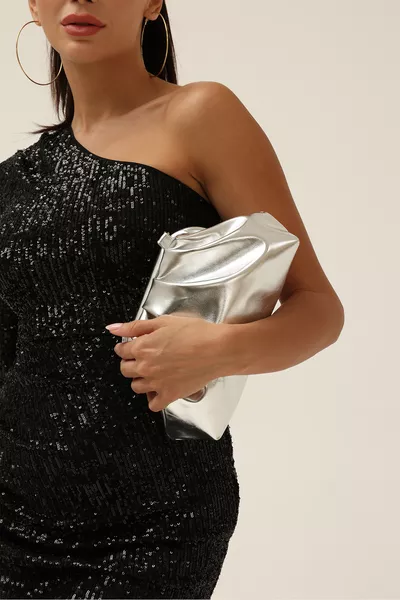 Silver Women's Metallic Leather Clutch Evening Bag