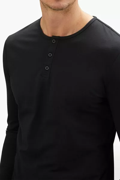 طاقم الرقبة كم طويل Henley تي شيرت العادية تناسب الأسود الأساسية تي شيرت مع أزرار باتلي