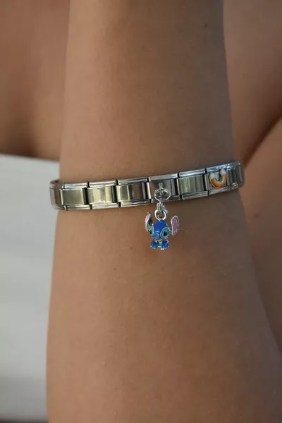 Braccialetto in acciaio con charm italiano e singolo punto in argento, braccialetto regolabile in acciaio con charm italiano  cm