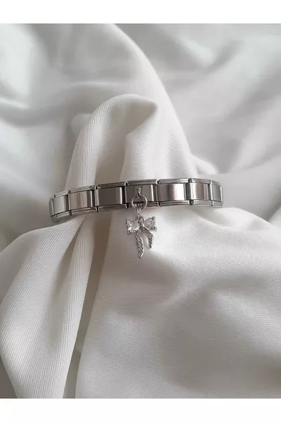 Braccialetto charm italiano con nastro e pietre di acciaio