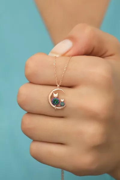 Silver Setting Mystical Topaz Stone Cat on Moon Necklace