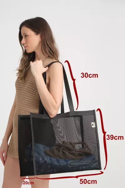 Kadın File Plaj Çantası Siyah Renk Yüksek Kaliteli File Kumaş  Cm Geniş Hacimli Plaj Çantası