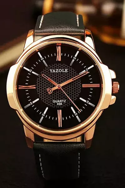 Montre homme avec bracelet en cuir noir, mode, élégant, tendance