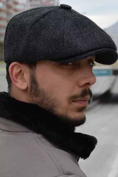 Пушена мъжка зимна шапка в английски стил Peaky Blinders Newsboy Trend 8 части шапка рибена кост