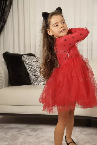 Бебе момиче Деца Принцеса Пухкава Пачка Рокля На точки Дълъг ръкав Еластична Ликра Червена