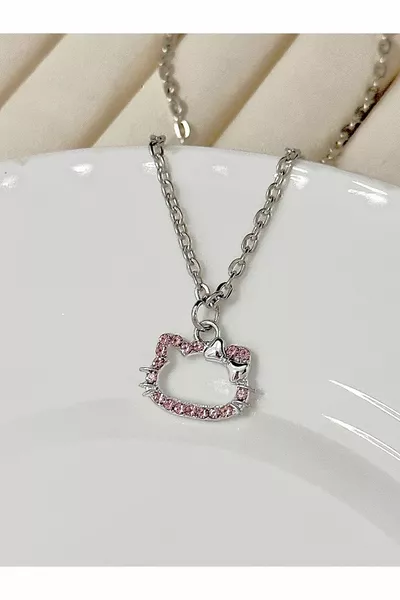 Cat Zircon Pink Stone Shiny Necklace