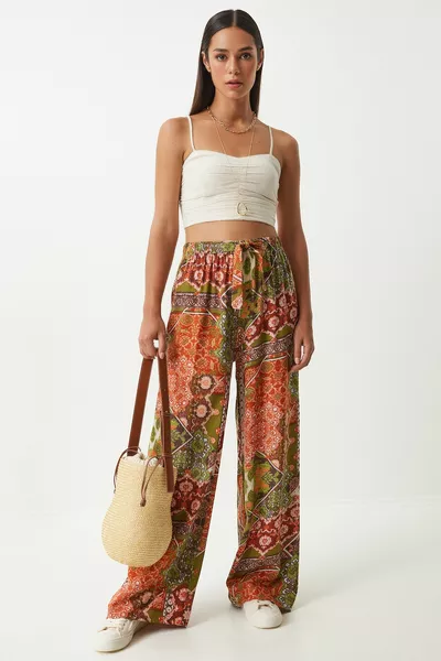 Pantaloni Palazzo in viscosa fluente con motivo a piastrelle verdi da donna 