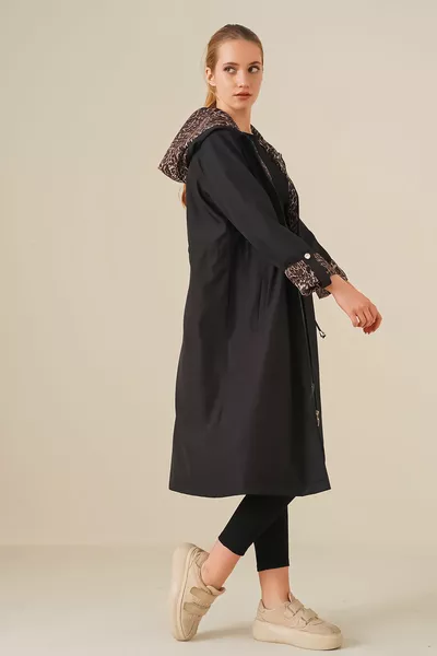  Drawstring Hooded Trench Coat - Black