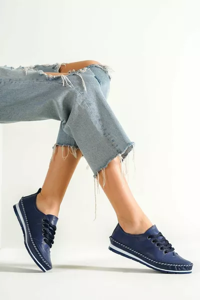 Cuir véritable Bleu Marine Femmes Cuir Casual 