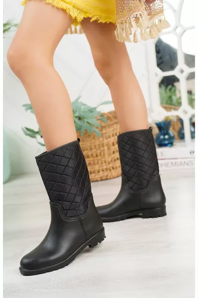 Damen Schwarze Farbe Steppmuster Wasser Und Kältebeständige Regenstiefel Und Stiefel