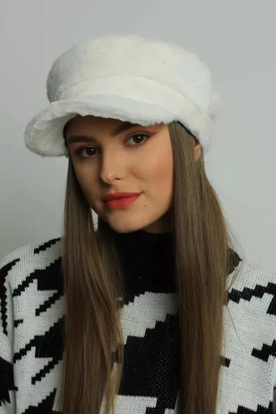 Ecru Dicker Flor Wintermütze Warmes Flauschiges Fell Strukturiertes Accessoire 