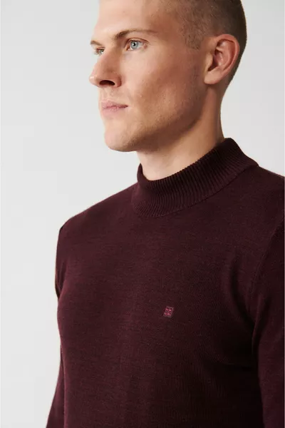 Erkek Bordo Unisex Triko Kazak Yarım Balıkçı Yaka Tüylenmeyen Regular Fit 