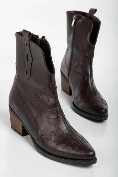 Western Cowboy Women's Faux Leather Bitter Brown Embroidered Short Boots