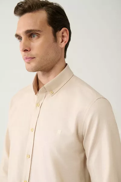 الرجال البيج زر طوق سهلة الكي القطن أكسفورد قميص 