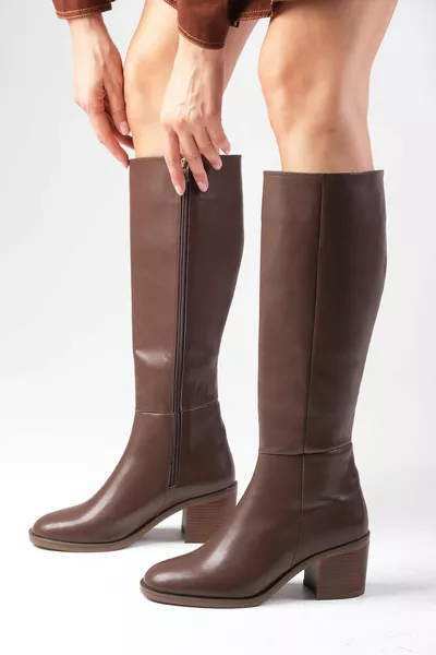 Albertine Brown con cerniera sottile pelliccia sintetica foderato stivali da donna con tacco spesso