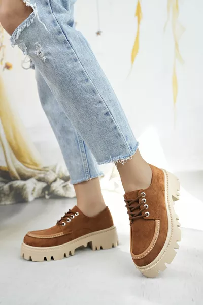 Women's Tan Suede Lace-Up Loafer Shoes