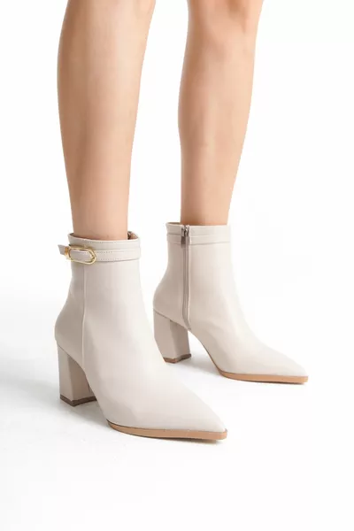 Дамска странична катарама с цип детайлни дебели токчета Заострени ежедневни ботуши Jura Beige