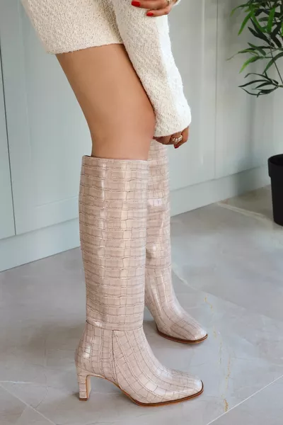 Kinda Heels Sotto Il Ginocchio Punta Smussata Cerniera Stivali Da Donna In Pelle Opaca