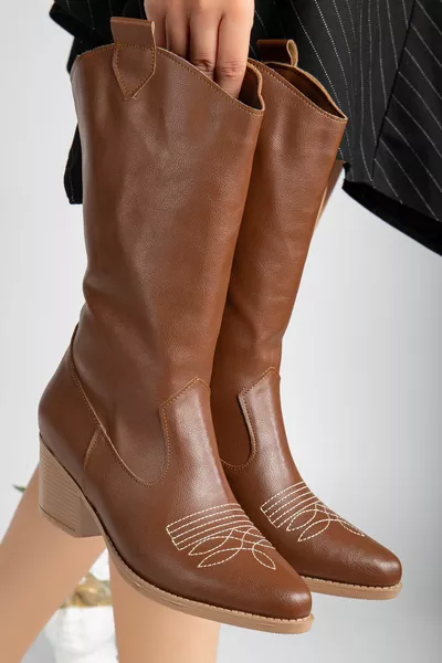 المرأة سستة البني تان الأحذية الجلدية المطرزة أحذية رعاة البقر الغربية