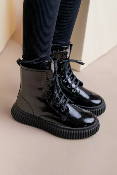 Lilly Lace-Up and Zipper Leather Girls' Boots Black