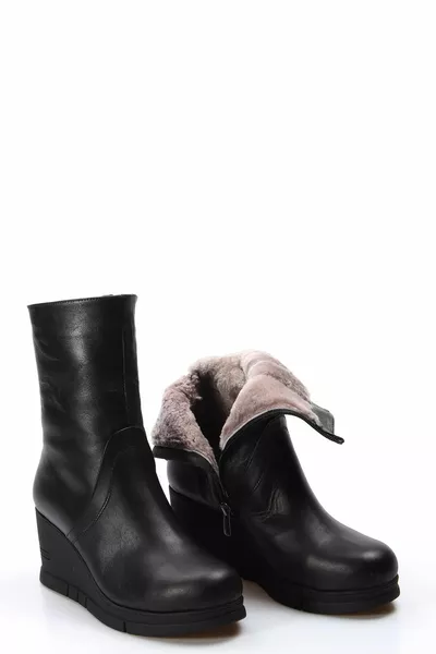 Tugerdi Bottes en cuir véritable en fourrure noire à lacets à talon rembourré zippé pour femmes 