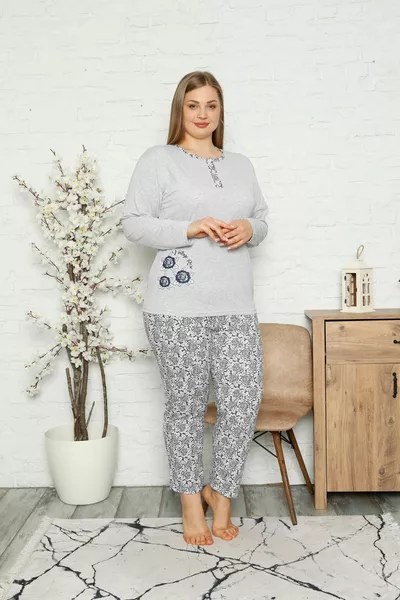 Женская пижама с длинным рукавом и карманом лето больших размеров 