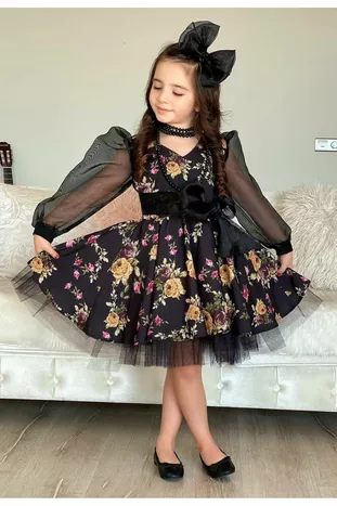 Kız Çocuk Black Flowers Tütülü Elbise