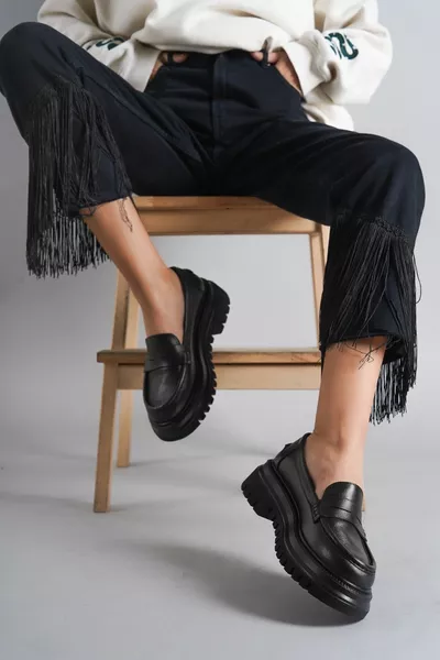 Натуральная кожа Черная Повседневная Повседневная Обувь С Толстой Подошвой Кожаная Повседневная Обувь 