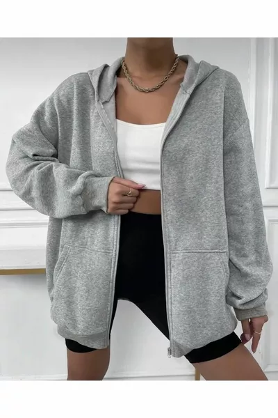 المرأة رمادي ميلانج سميكة الشتاء بسحاب مقنعين سترة