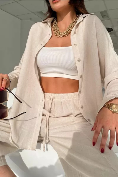 Дамска ленена текстурирана свободна риза с цвят камък