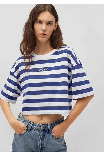 Miav gedrukt gestreept wit T-shirt gewas / korte snit 