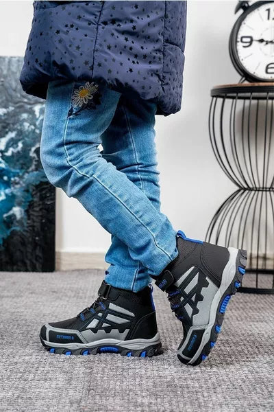 Habi Unisex Çocuk Kaydırmaz Taban Sıcak Astar Kışlık Cırtlı Outdoor Bot - Siyah Mavi