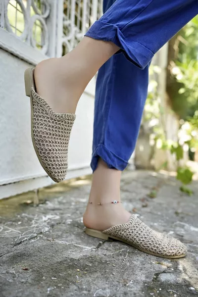 Pantofole di paglia da donna Beige Maglia chiusa Maglieria in pizzo Lavorato a maglia Dettagliato Elegante casa estiva Vacanze Pantofole