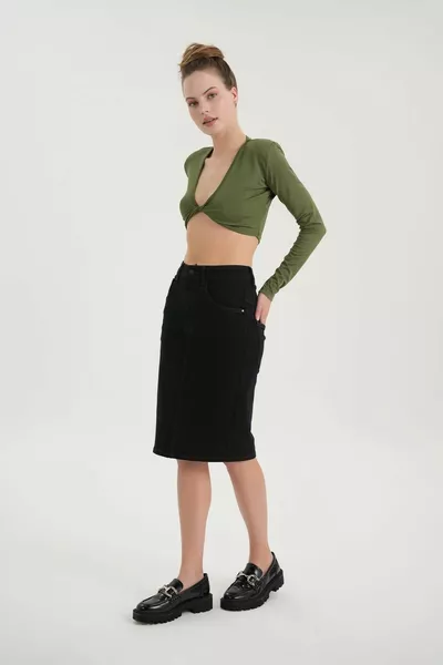 أسود عالية الخصر بات سستة شق بسط المرأة جان تنورة C 